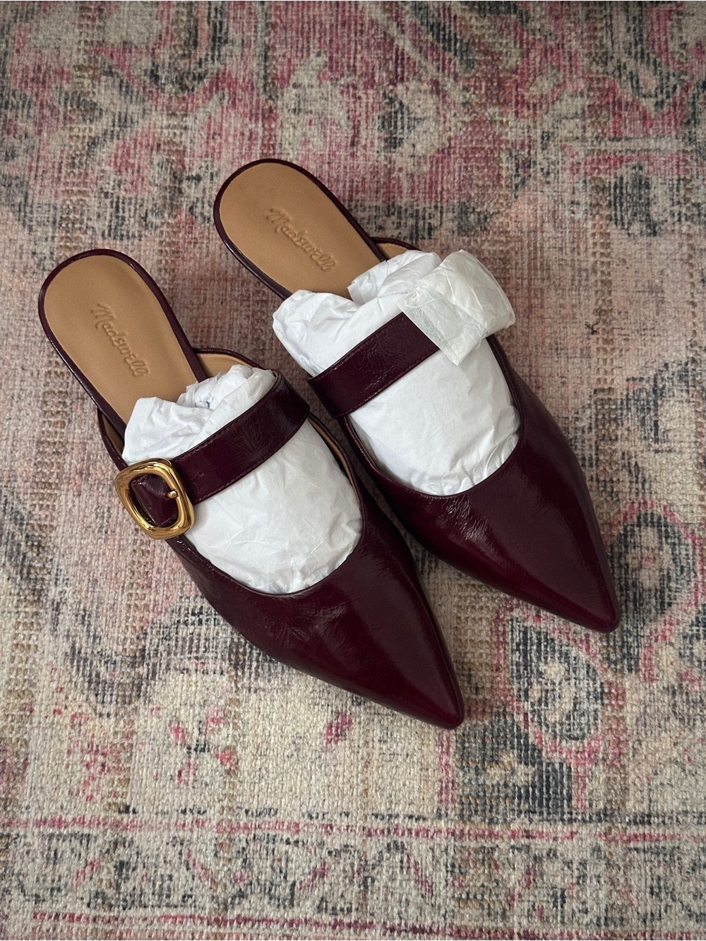 Madewell Burgundy Patent Pointed Mary Jane Mules with Gold Buckle - Picture 6 of 9